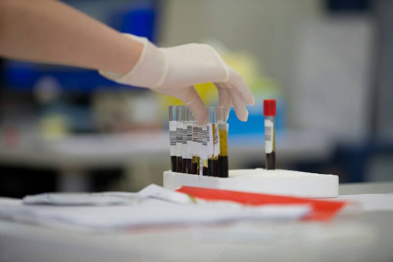 inside a medical laboratory, handling blood tubes